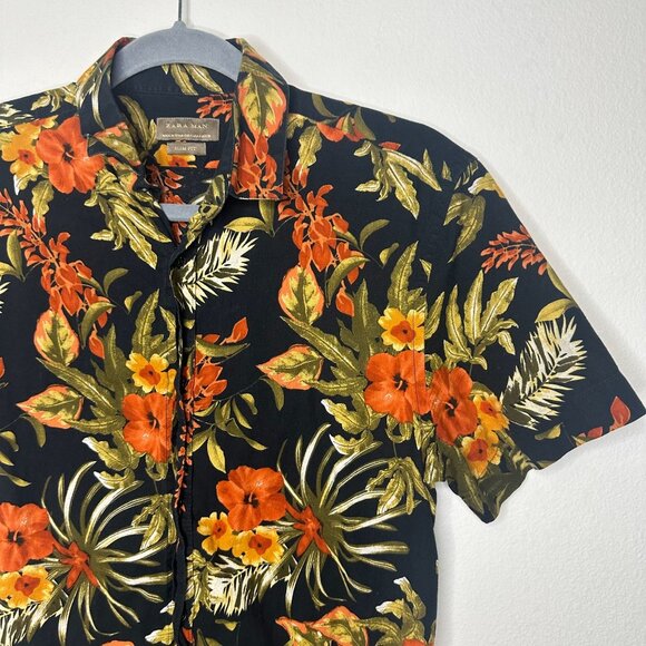 Zara Man Hawaiian Floral Print Button Up S Slim Fit Casual Summer Short Sleeve C - Picture 2 of 4